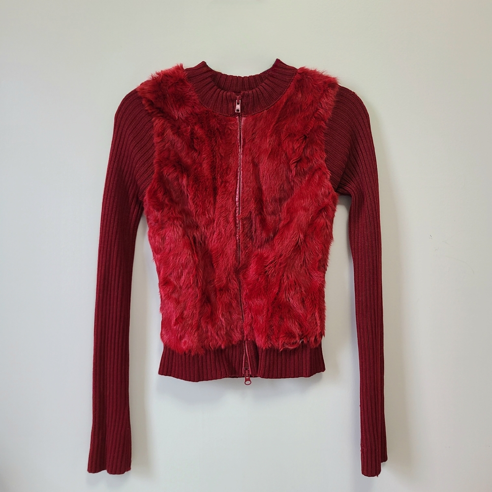 Red Faux Fur and Knit Sweater